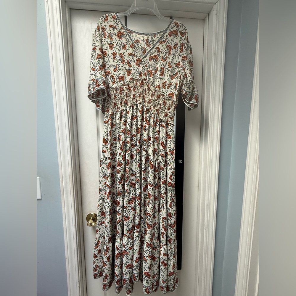Boho Paisley Maxi Dress | Size L | Max Studio | Smocked Waist Flutter Sleeve